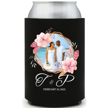 Custom Wedding Photo In Floral Wreath Full Color Can Coolers