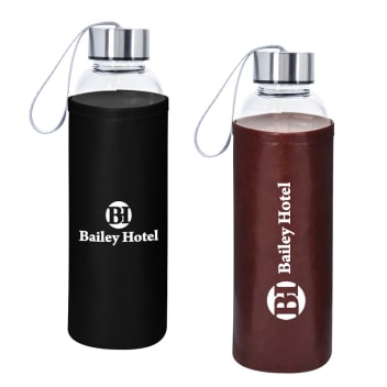 18 Oz. Aqua Pure Glass Bottles With Leatherette Sleeve