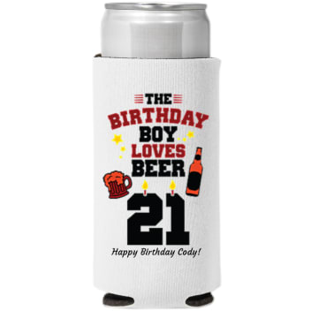 21st Birthday Boy Loves Beer Full Color Slim Can Coolers