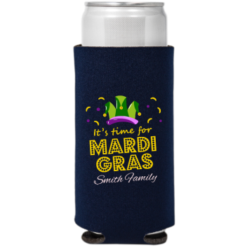 It’s Time For Mardi Gras Party Full Color Slim Can Coolers