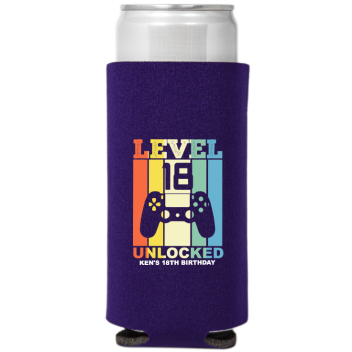Level 18 Unlocked Birthday Full Color Slim Can Coolers