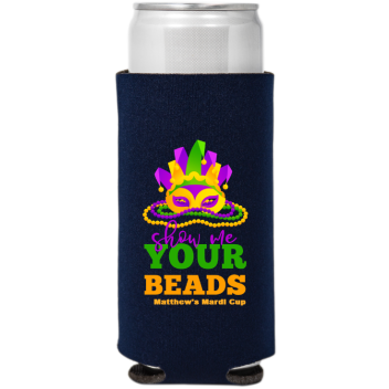 Show Me Your Beads Mardi Gras Full Color Slim Can Coolers
