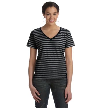 Anvil Ladies Lightweight Striped V-Neck T-Shirt