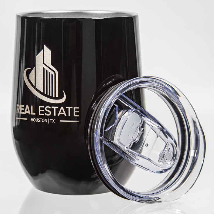 12 Oz. Laser Engraved Stainless Steel Wine Tumblers Black - Engraved with Lid - Tumbler