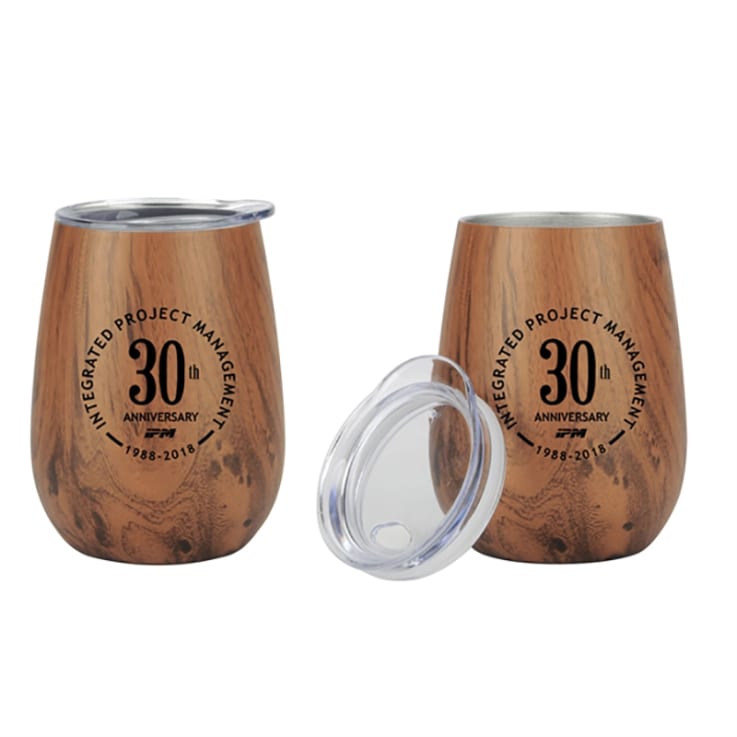 Custom 10 Oz Stainless Steel Lined Vacuum Wood Toned Wine Tumble - 