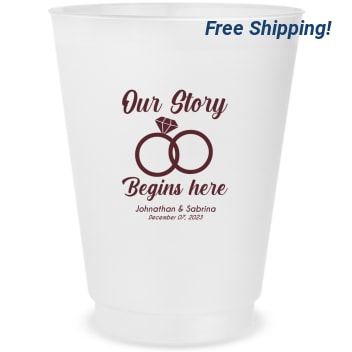 Customized Our Story Begins Here Wedding Frosted Stadium Cups