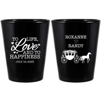 Custom Life Love And Happiness Carriage Fairytale Wedding Black Shot Glasses