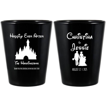 Customized Happily Ever After Fairytale Castle Wedding Black Shot Glasses