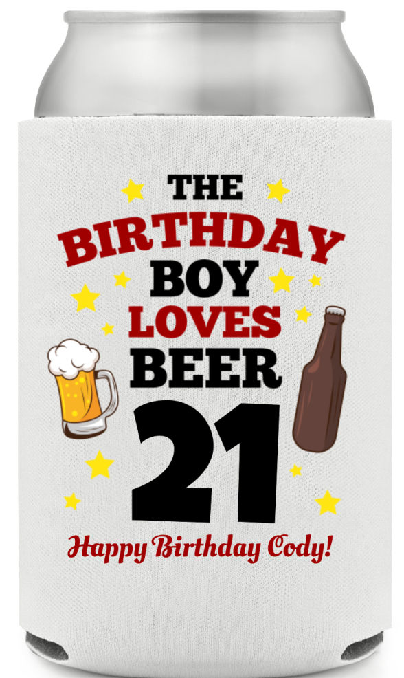 21st Birthday Boy Loves Beer Full Color Can Coolers