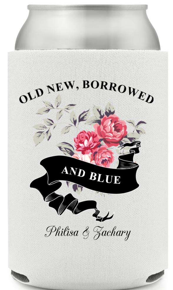 Custom Old New Borrowed And Blue Floral Wedding Full Color Can Coolers