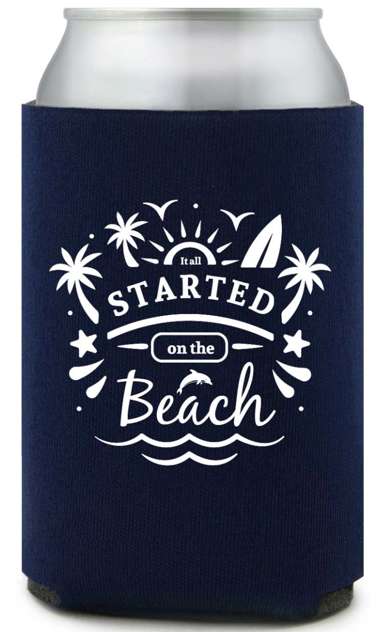 Custom Tropical It All Started On The Beach Wedding Full Color Can Coolers