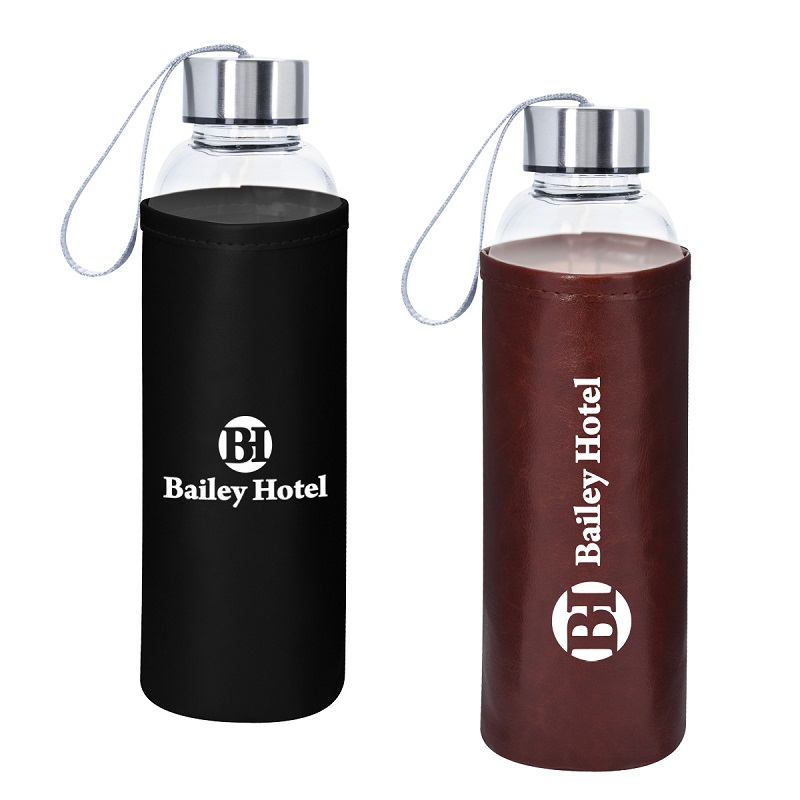 18 OZ. Aqua Pure Glass Bottles With Leatherette Sleeve