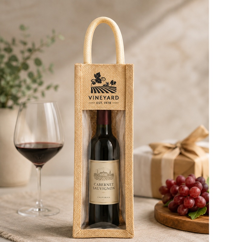 Clear Front 1 Wine Bottle Jute Totes