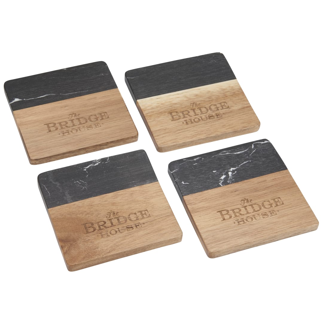 Black Marble And Wood Coaster Set