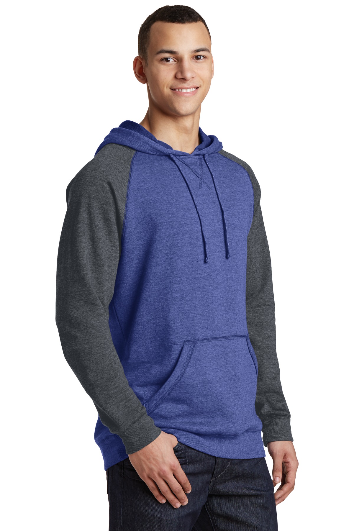 District Young Mens Lightweight Fleece Raglan Hoodie.