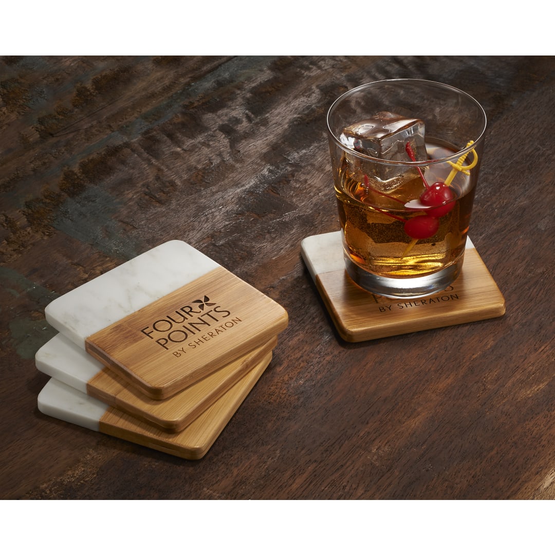 Marble And Bamboo Coaster Set
