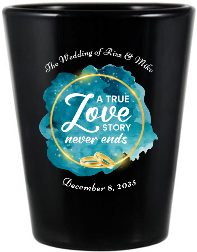 Personalized True Love Story Never Ends Wedding Black Shot Glasses