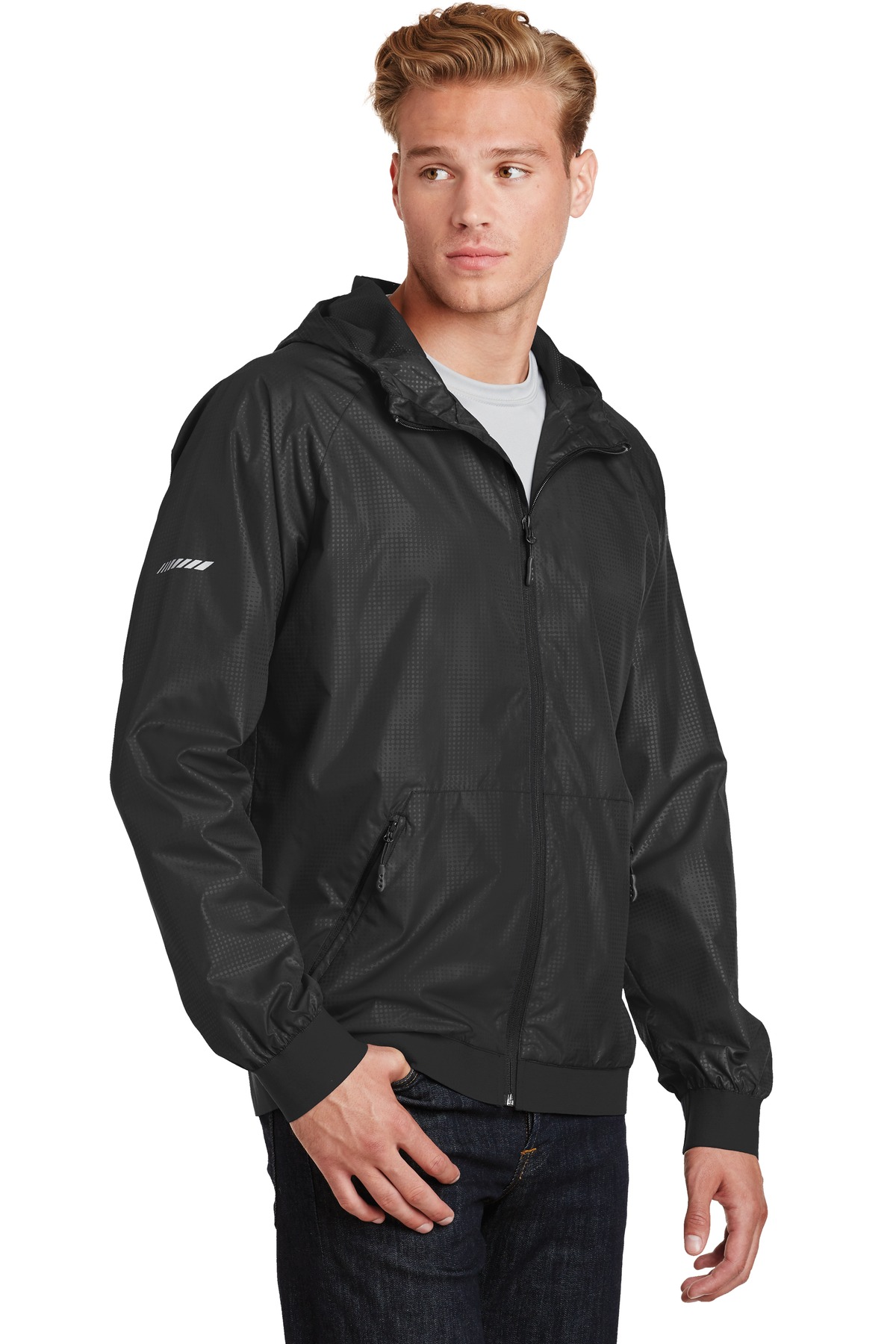 Sport-Tek Embossed Hooded Wind Jacket.