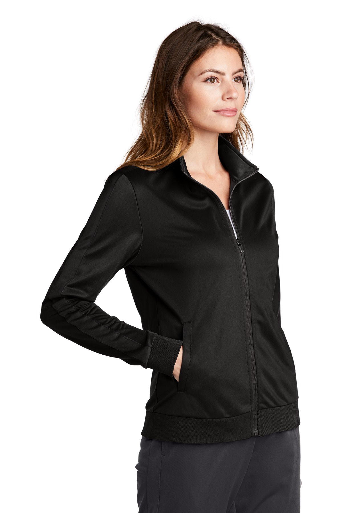 Sport-Tek Ladies Tricot Sleeve Stripe Track Jacket.