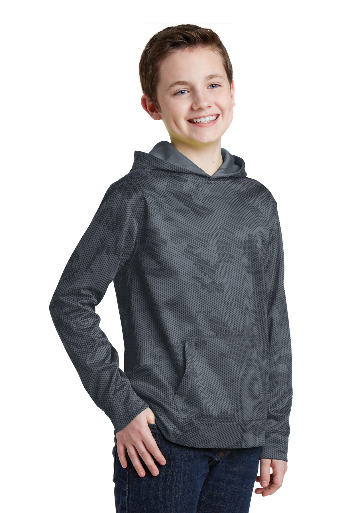 Sport-Tek Youth Sport-Wick CamoHex Fleece Hooded Pullover.
