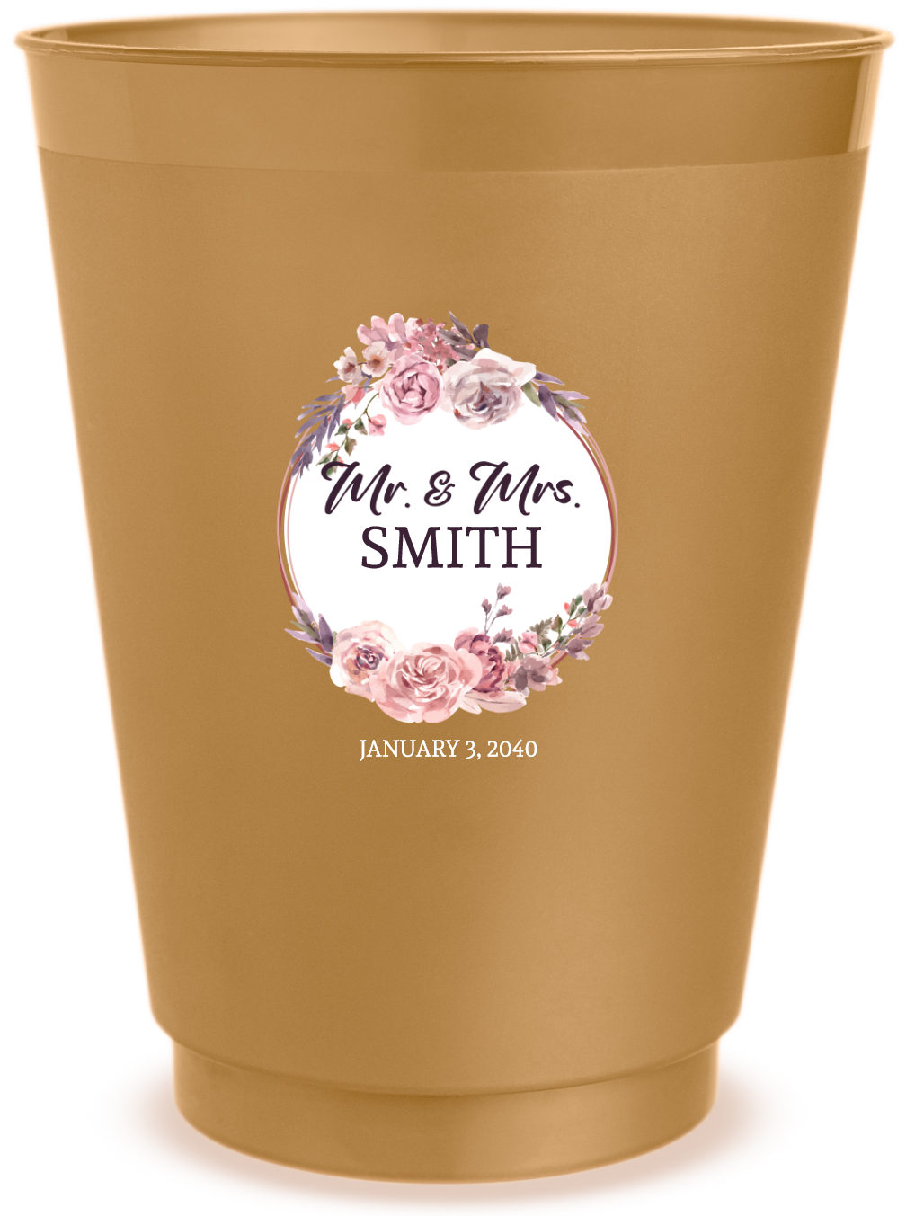 Personalized Classic Wedding Floral Wreath Frosted Stadium Cups ...
