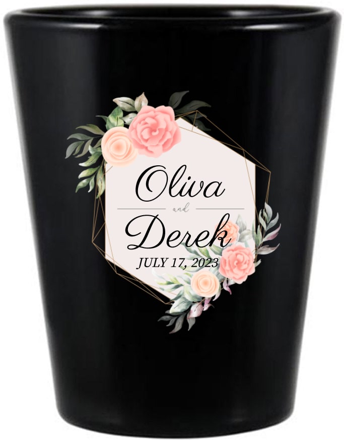 Custom Elegant Floral Personalized Wedding Black Shot Glasses Classic