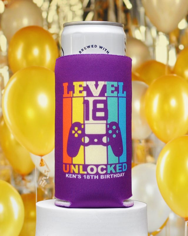 Level 18 Unlocked Birthday Full Color Slim Can Coolers - Imprint Coolies