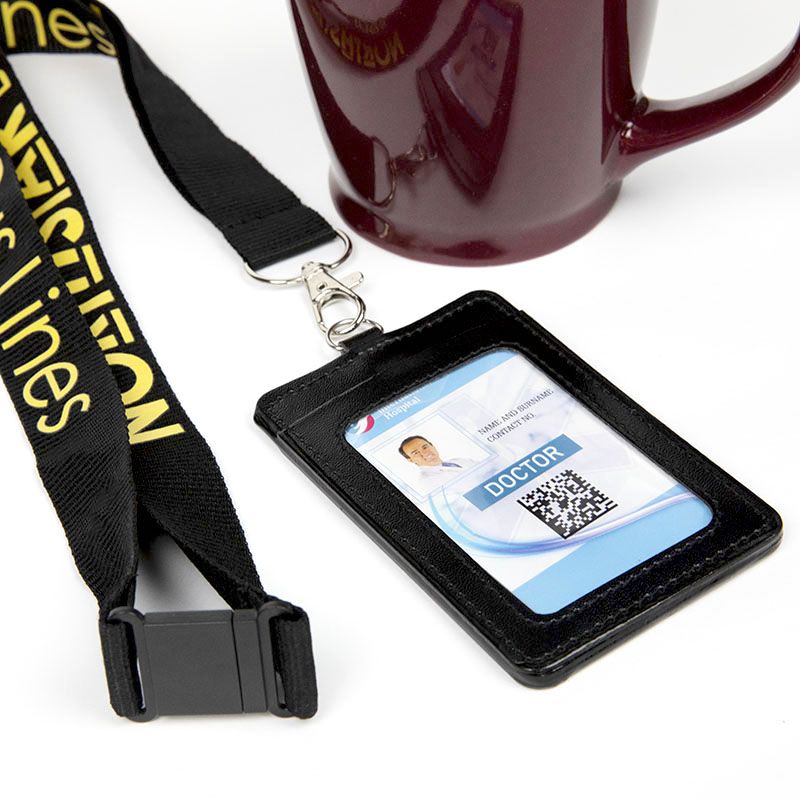 Black Lanyard with Yellow Imprint Color and Black PU Card Holder - Id Holder