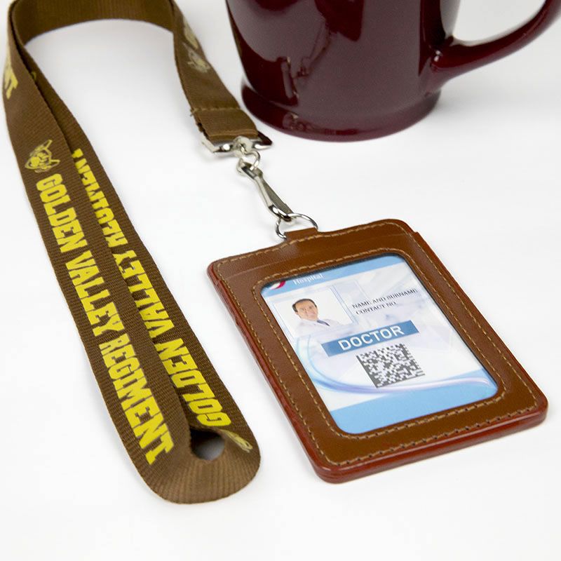 Brown Lanyard with Yellow Imprint Color and Brown PU Card Holder - Id Holder