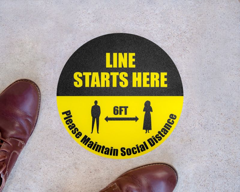 Line Starts Here Round Social Distancing Stickers - 6ft Apart