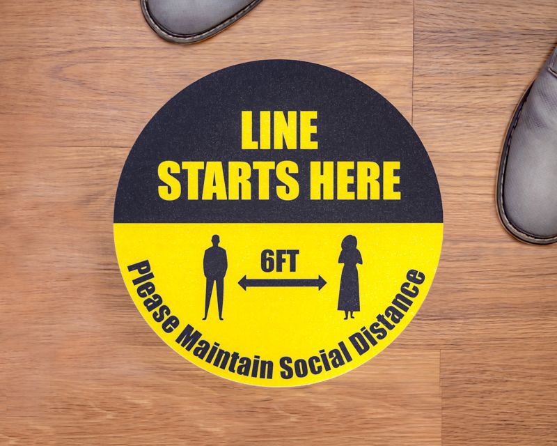 Line Starts Here Round Social Distancing Stickers - Floor Stickers