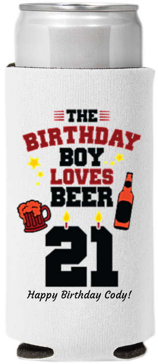 21st Birthday Boy Loves Beer Full Color Slim Can Coolers